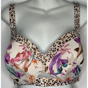 Cacique Lane Bryant 44DD Bra Lightly Lined Leopard Tropical Flower Pink Purple